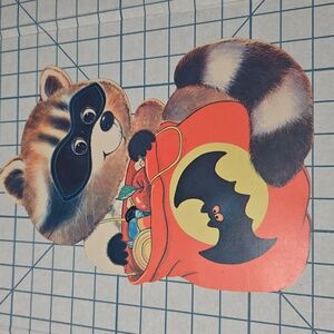Vintage Halloween Die Cut Decoration Raccoon Mask & Candy Bag 13" Double Sided